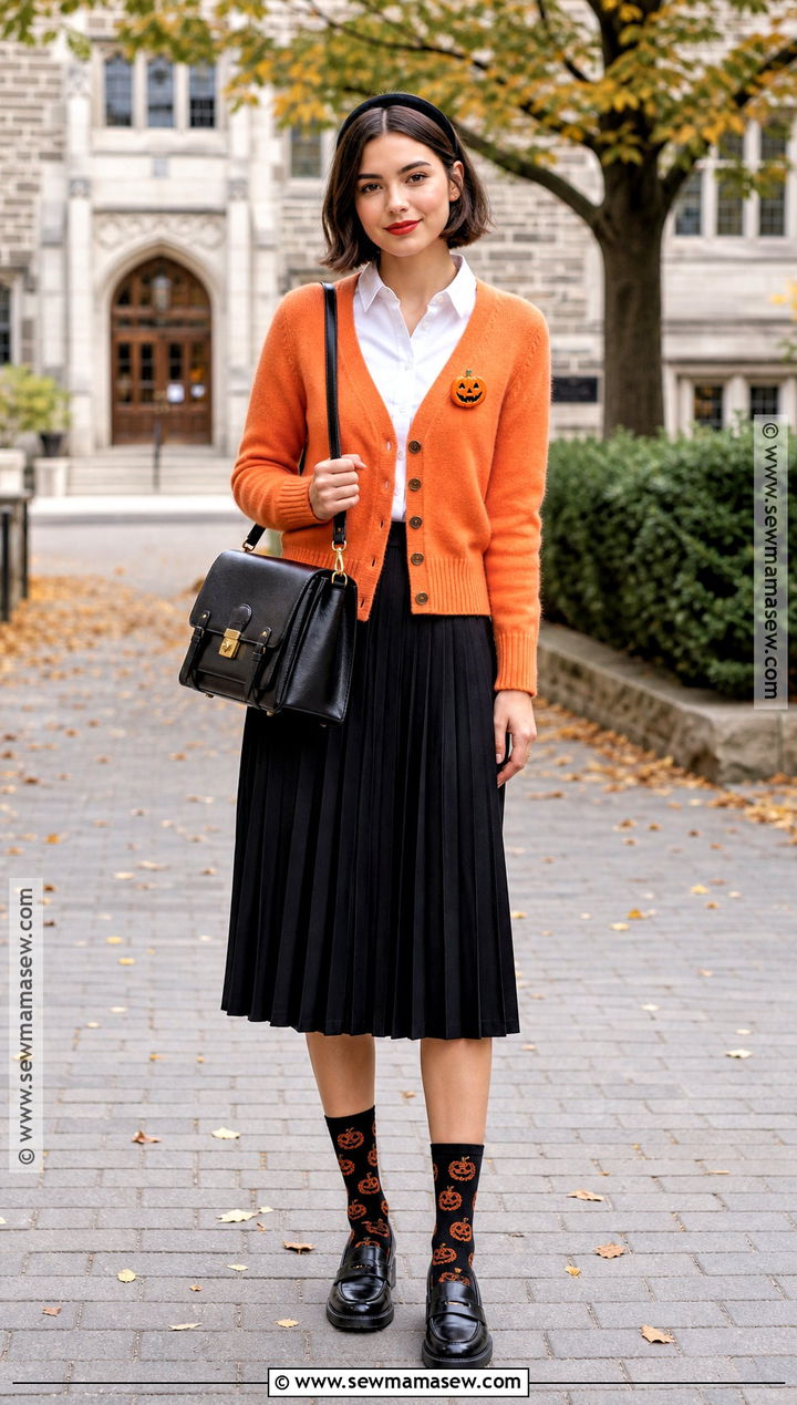 Preppy Halloween Outfit With Orange Cardigan - 50 halloween outfits