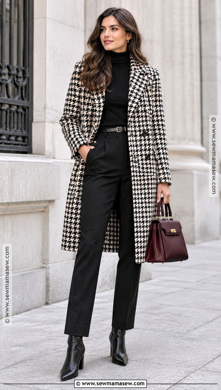 Preppy Houndstooth Coat And Trouser Outfit - 15 Preppy Chic Fall Outfits