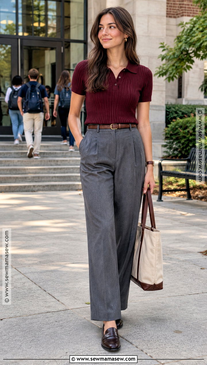 Preppy Knit Polo And Trouser Outfit - 15 Preppy Back To School Outfit Inspiration Ideas