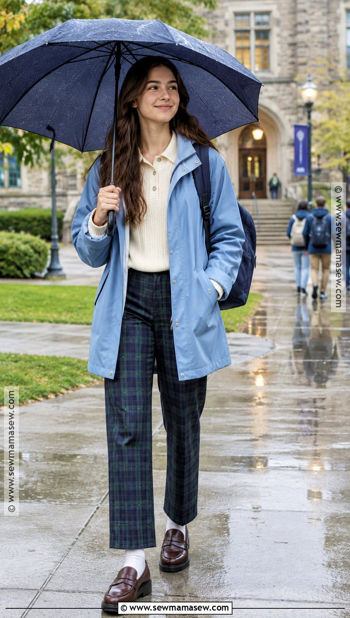 Preppy Raincoat With Plaid Pants Outfit - 20 back to school outfits preppy