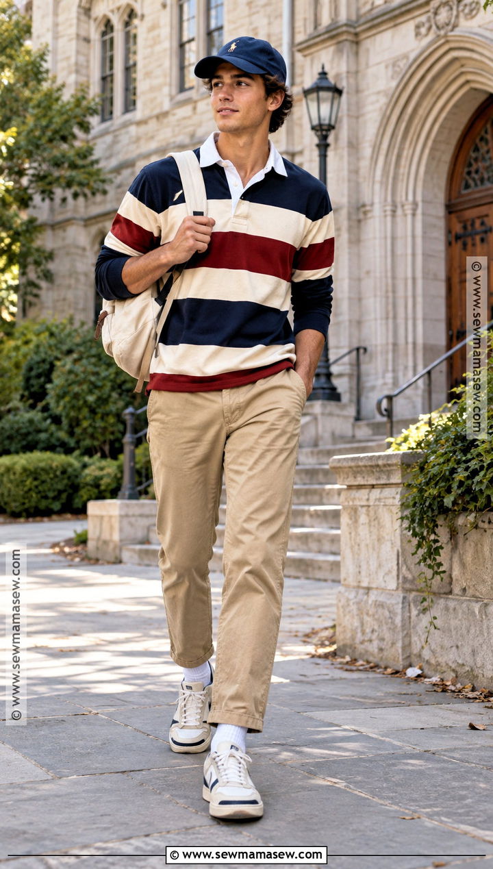 Preppy Rugby Shirt And Chino Pants Outfit - 15 Preppy Back To School Outfit Inspiration Ideas