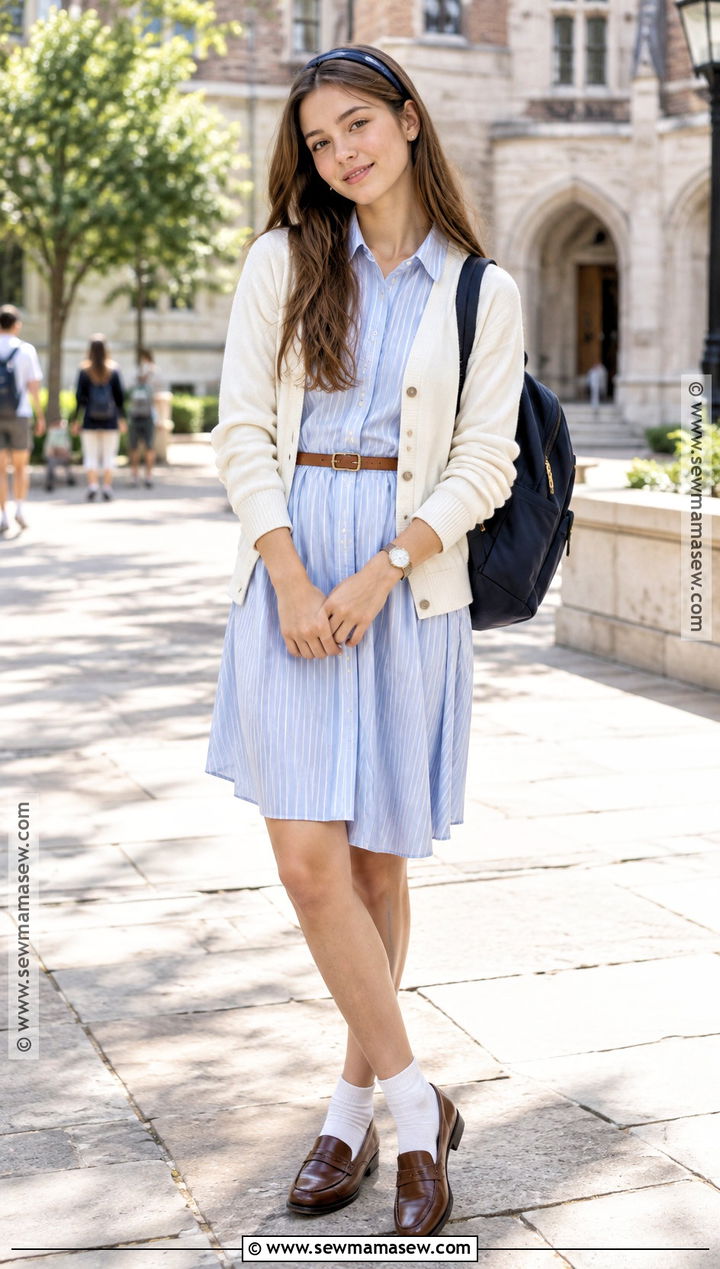 Preppy Shirt Dress With Cardigan Outfit - 20 back to school outfits preppy