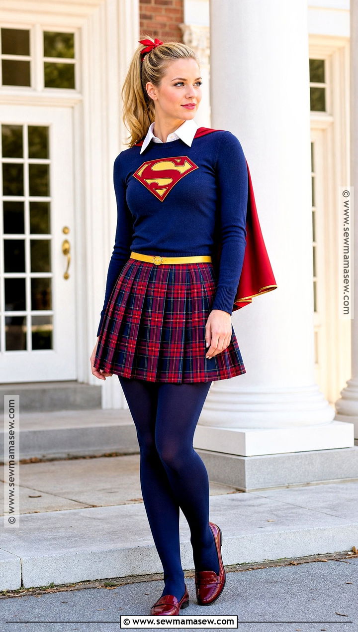 Preppy Supergirl Costume With Plaid Skirt - 30 Super Girl Costume Ideas for Women