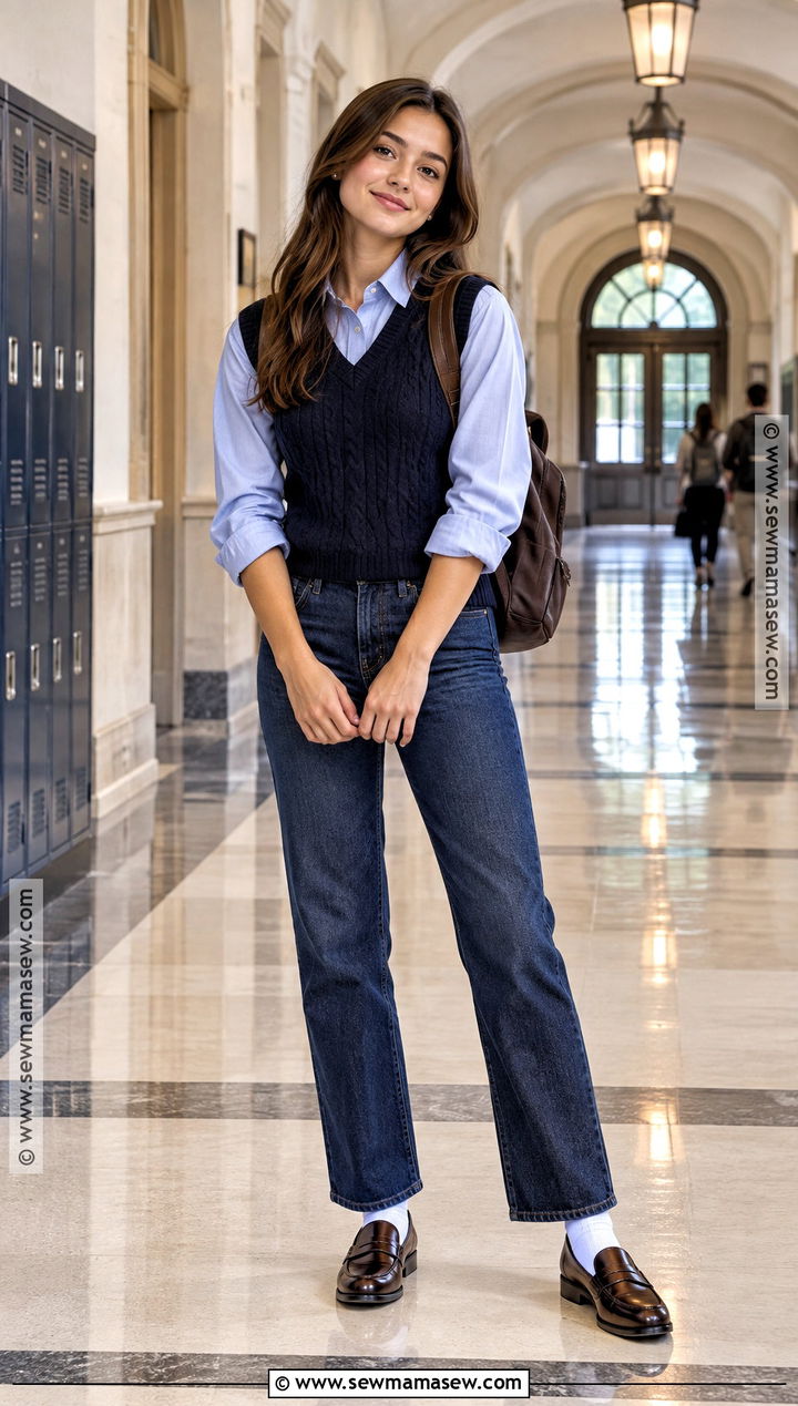 Preppy Sweater Vest With Straight Jeans Outfit - 20 back to school outfits preppy