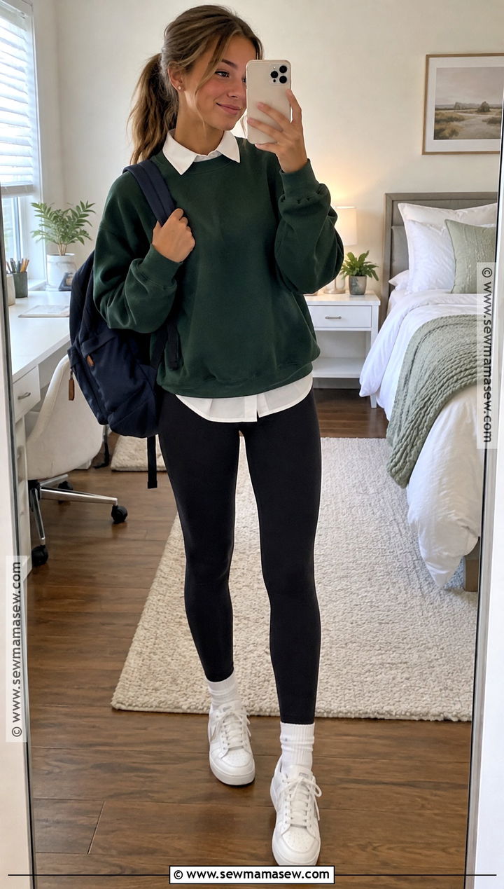 Preppy Sweatshirt With Collared Shirt And Leggings Outfit - 20 back to school outfits preppy