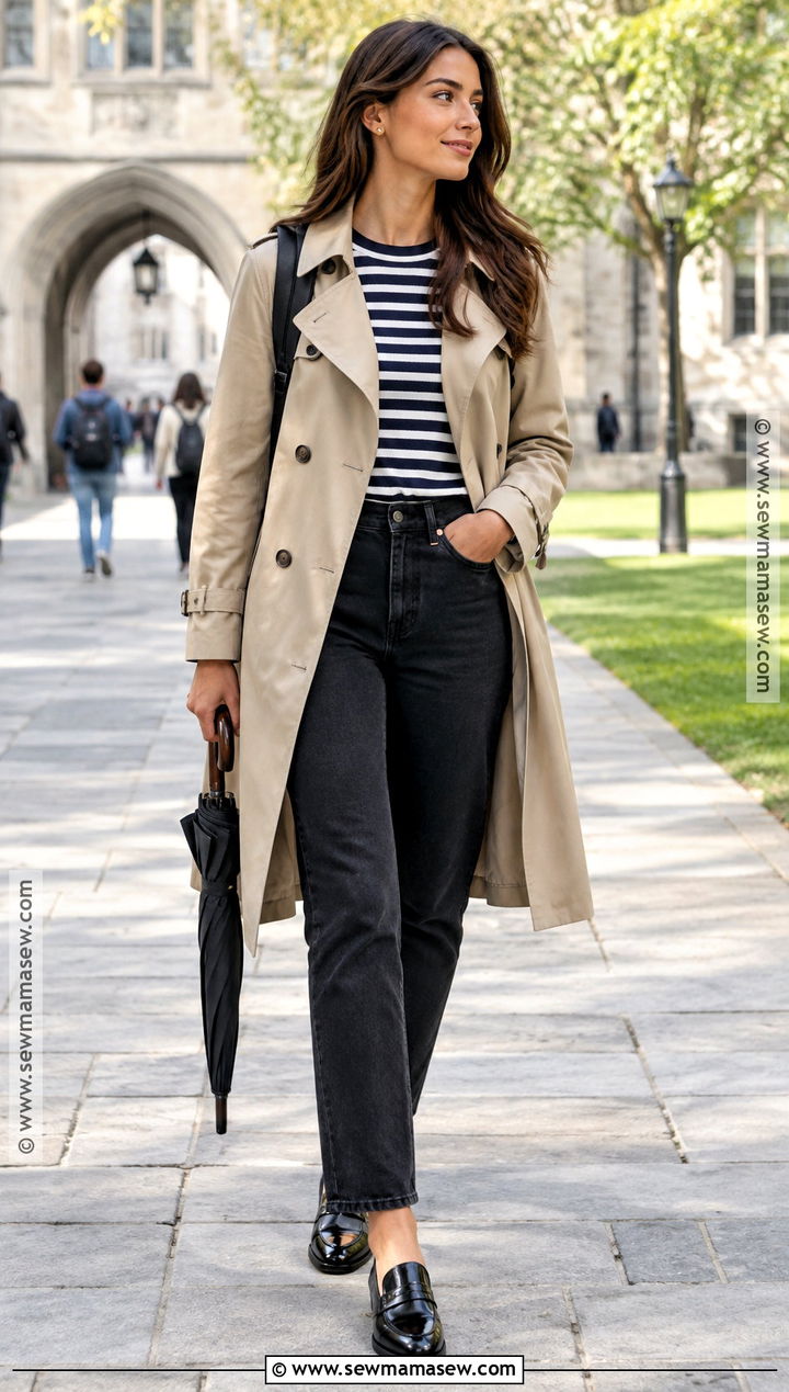 Preppy Trench Coat And Black Jeans Outfit - 15 Preppy Back To School Outfit Inspiration Ideas