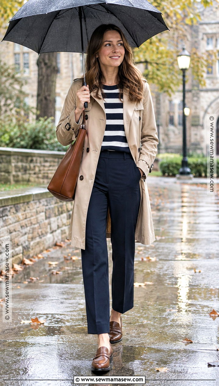 Preppy Trench Coat And Straight Leg Pants Outfit - 20 preppy back to school outfits