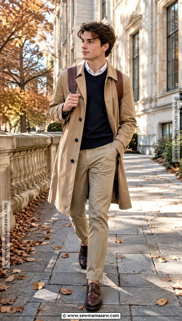 Preppy Trench Coat With Sweater And Chinos Outfit - 20 back to school outfits preppy