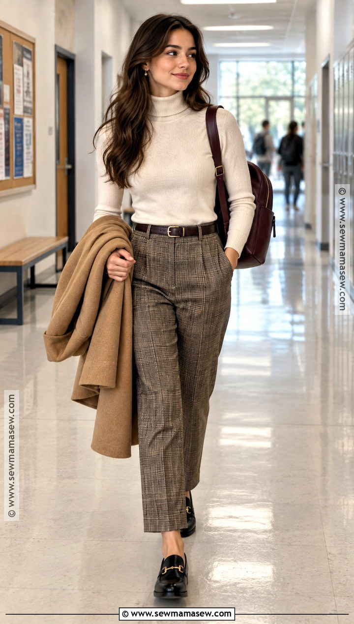 Preppy Turtleneck And Plaid Pants Outfit - 20 preppy back to school outfits