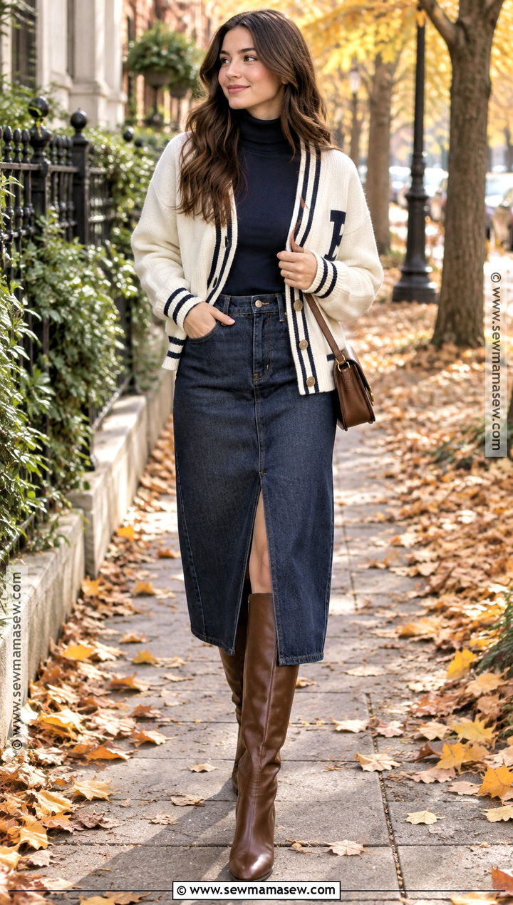Preppy Varsity Cardigan And Denim Skirt Outfit - 15 Preppy Chic Fall Outfits