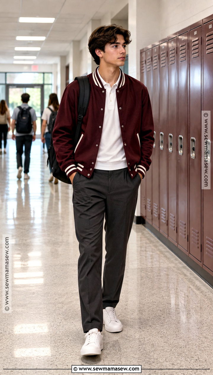 Preppy Varsity Jacket With Trousers Outfit - 20 back to school outfits preppy