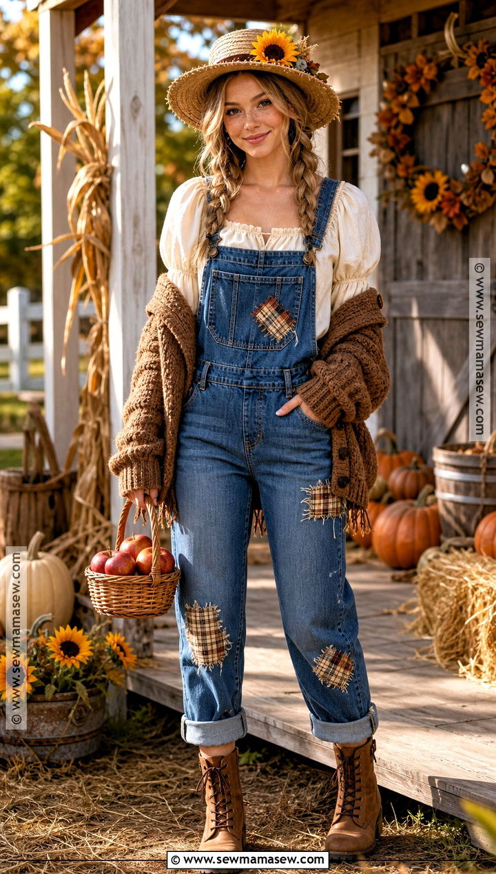 Pretty Scarecrow Costume With Floral Overalls - 35 pretty halloween costumes