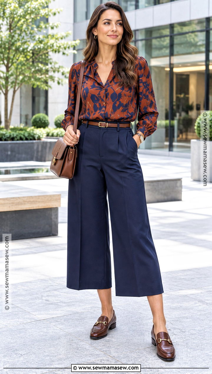 Printed Blouse Wide Leg Culottes And Loafers Outfit - 20 autumn summer outfits