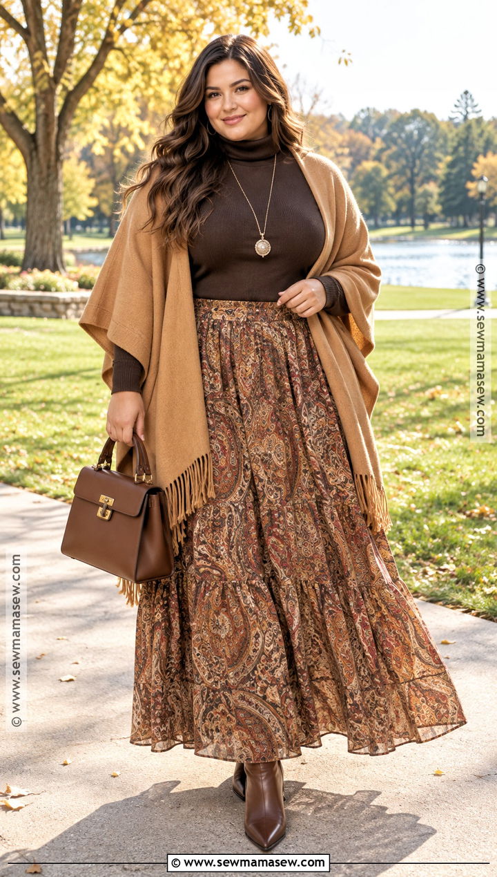 Printed Boho Maxi Skirt With Poncho And Ankle Boots - 15 boho skirt outfit fall ideas