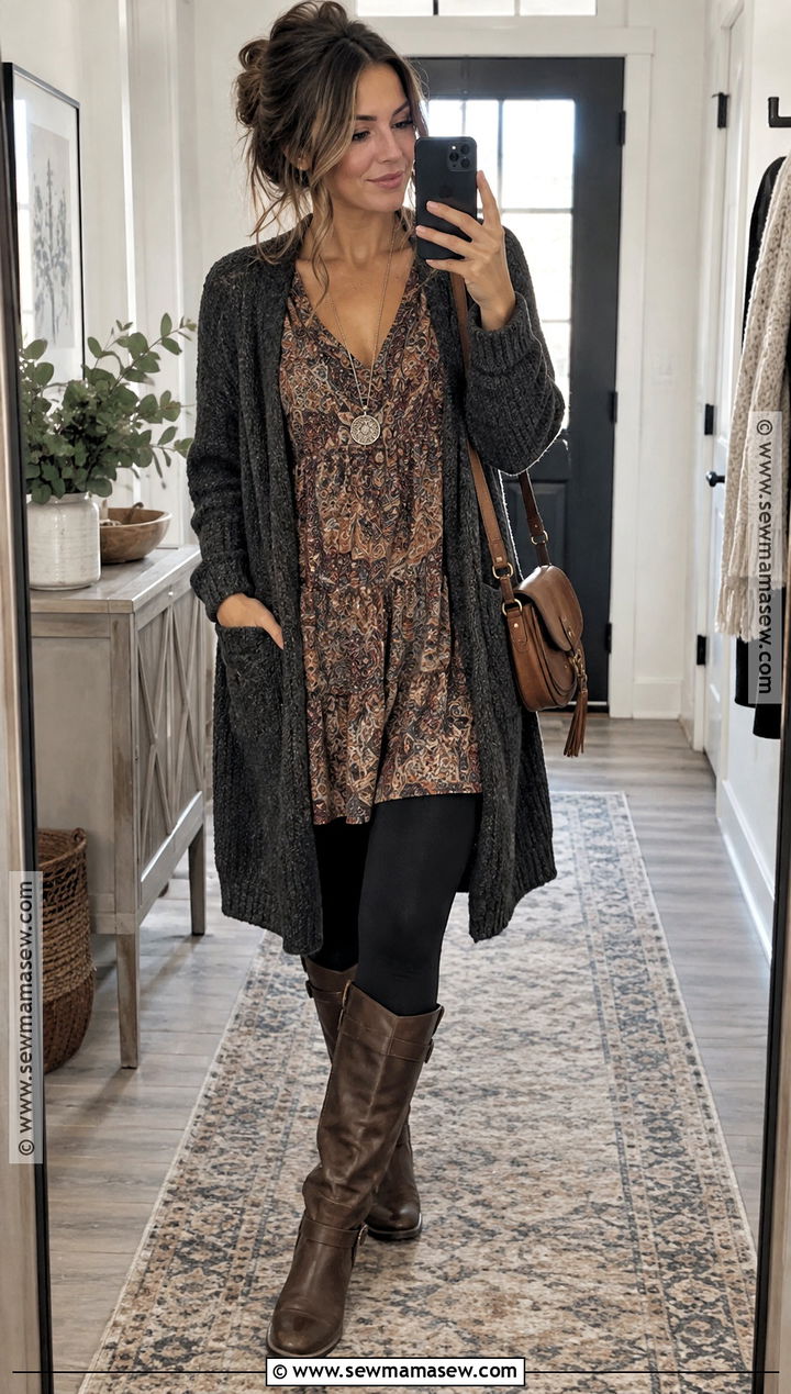 Printed Boho Tunic Dress With Leggings And Tall Boots - 15 fall winter boho outfits