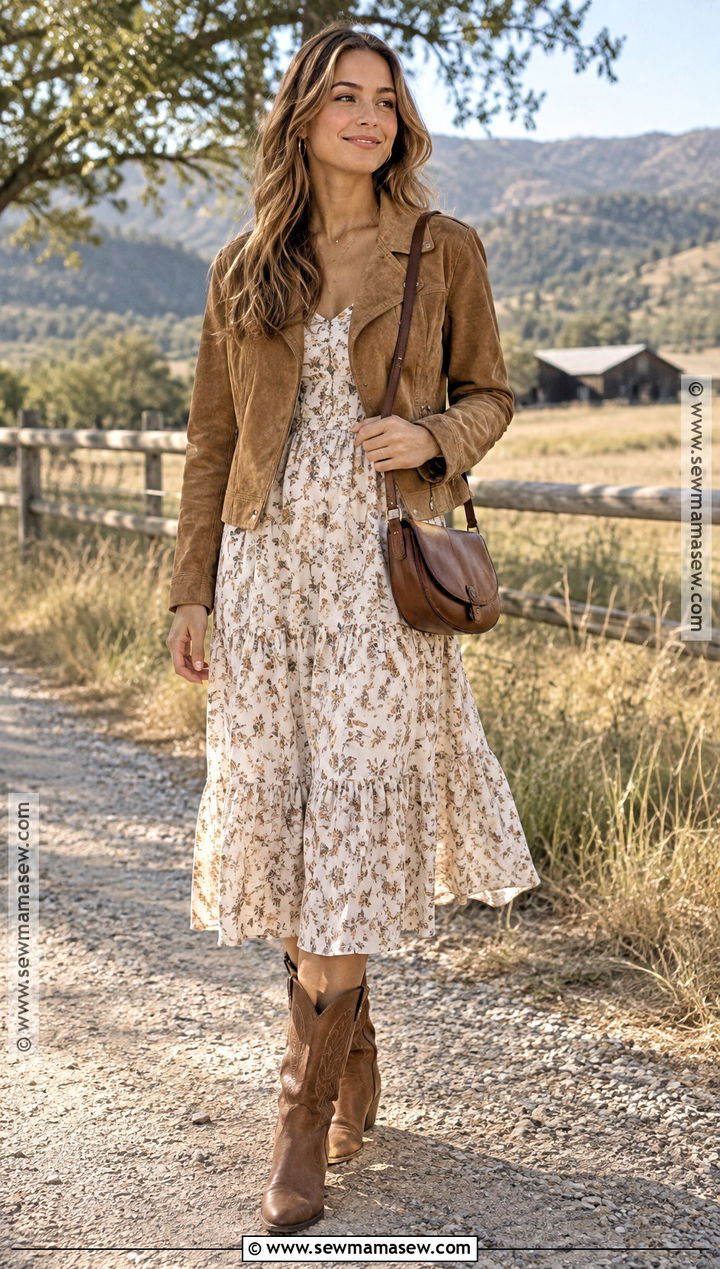 Printed Dress With Suede Jacket And Cowboy Boots - 15 Layering Summer Dresses For Fall
