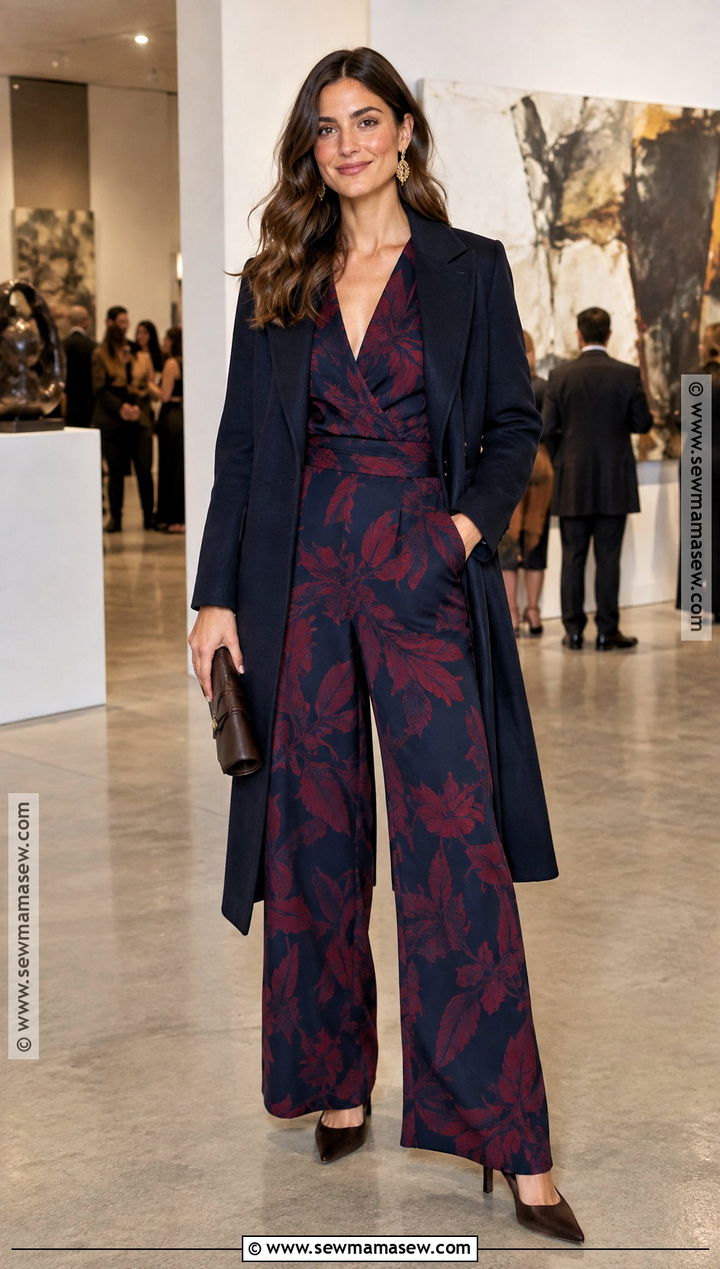 Printed Jumpsuit And Tailored Coat October Wedding Outfit - 20 october wedding outfit ideas