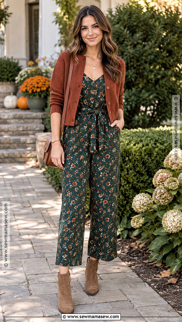 Printed Jumpsuit With a Cropped Cardigan - 15 Jumpsuits For Women Casual Fall