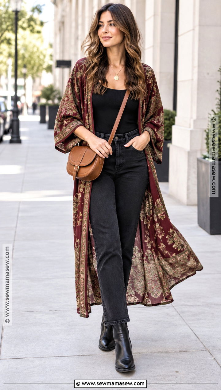 Printed Kimono And Black Jeans Fall Boho Outfit - 25 fall boho outfits