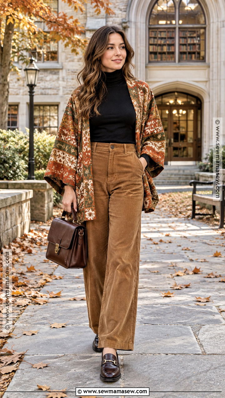 Printed Kimono With Turtleneck And Corduroy Pants - 15 fall kimono outfit ideas