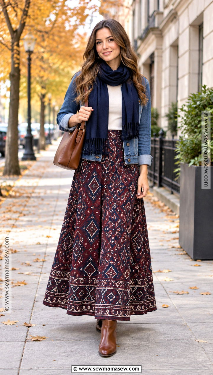 Printed Long Skirt With Denim Jacket And Ankle Boots - 20 autumn outfits long skirt