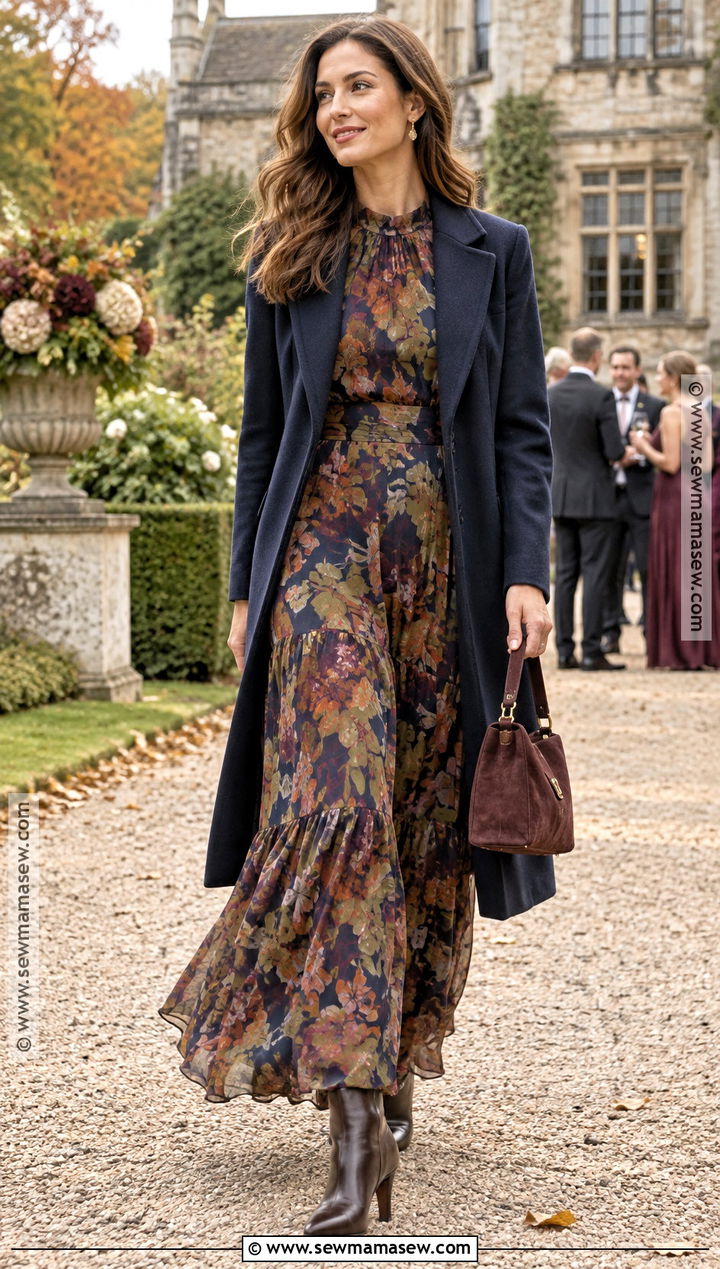 Printed Long Sleeve Maxi Dress Autumn Wedding Guest Outfit - 25 autumn wedding guest outfit ideas
