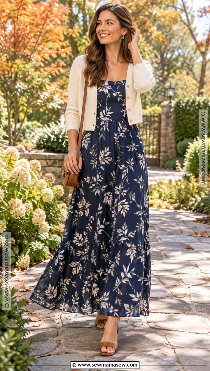 Printed Maxi Dress And Cropped Cardigan Bridal Shower Outfit - 20 fall bridal shower outfit for guest casual ideas