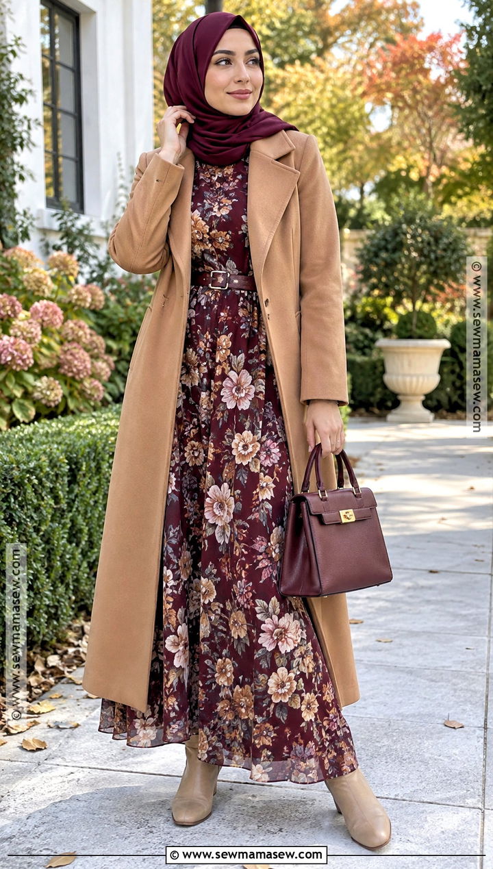 Printed Maxi Dress And Long Coat Hijab Outfit - 20 fall outfits women hijab