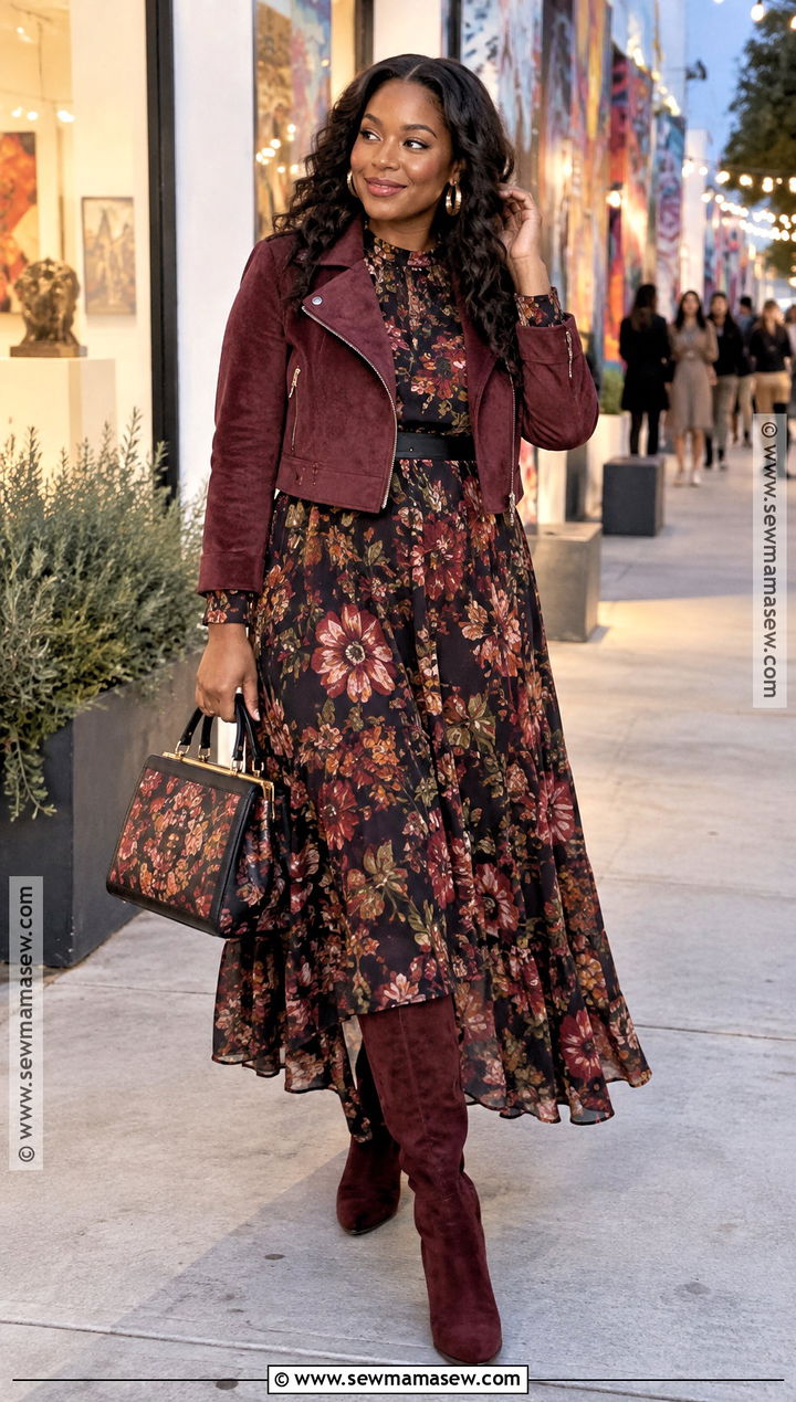 Printed Maxi Dress And Suede Boots Outfit - 15 fall date night outfit black women dresses