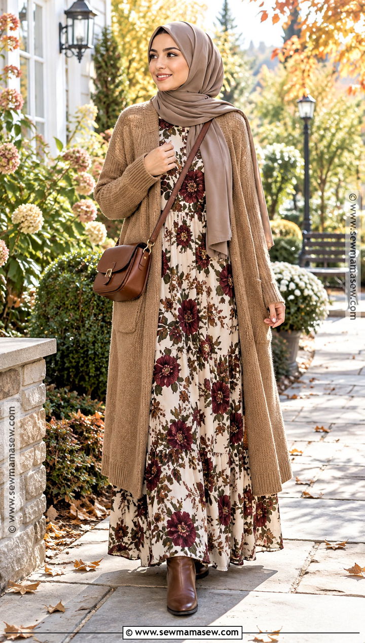 Printed Maxi Dress and Neutral Hijab Outfit - 25 fall hijab outfits