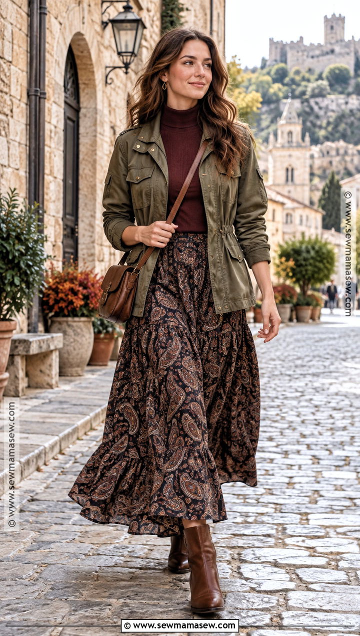 Printed Maxi Skirt With Utility Jacket And Ankle Boots - 25 maxi skirt fall outfit ideas