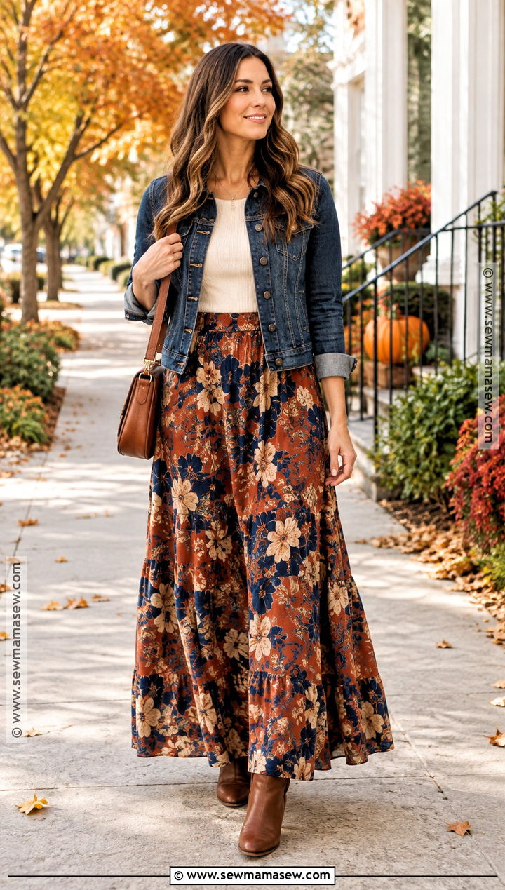 Printed Maxi Skirt and Denim Jacket Church Outfit - 25 fall church outfit ideas