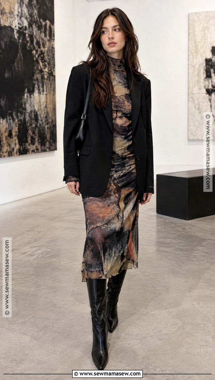 Printed Mesh Dress And Blazer Outfit - 25 fall 2026 fashion ideas