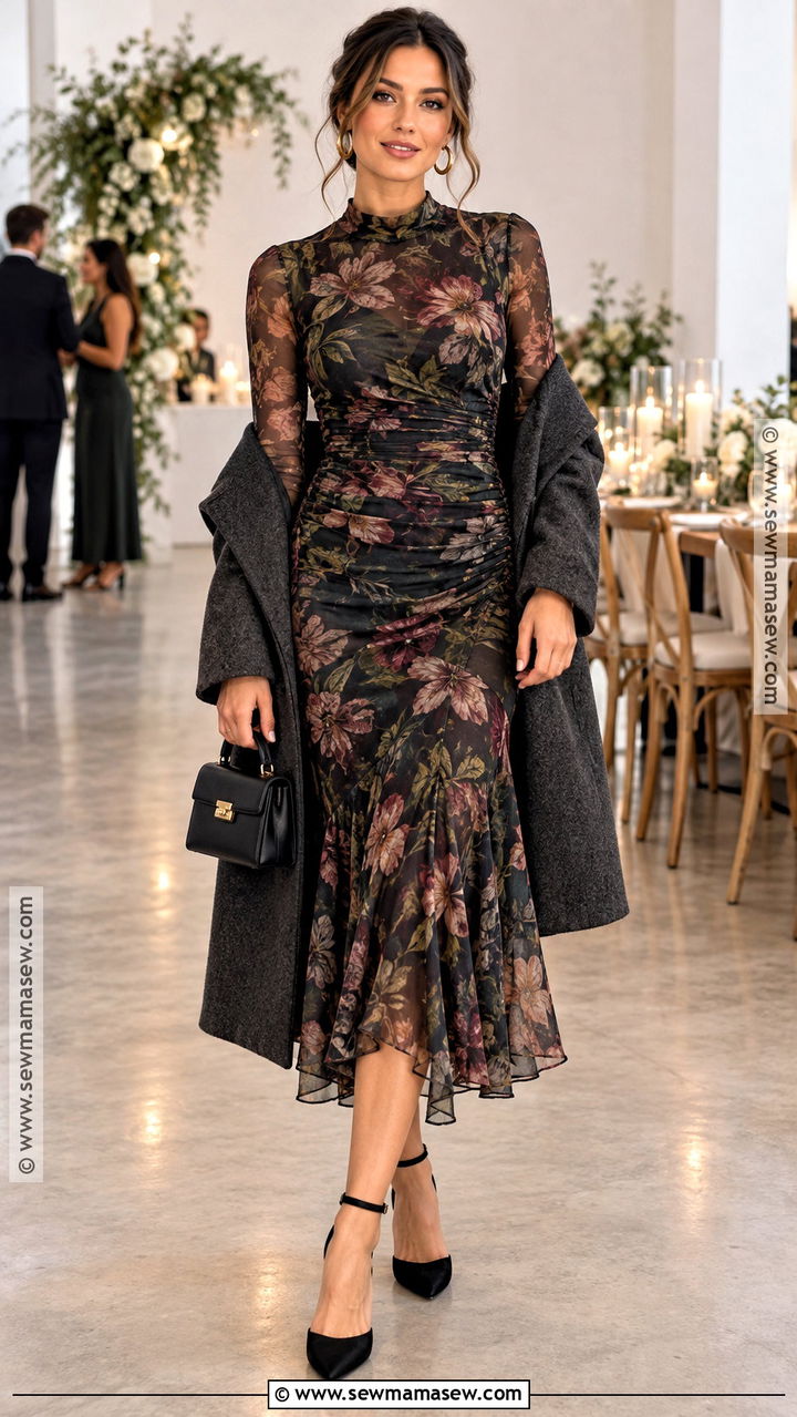Printed Mesh Long Sleeve Fall Wedding Guest Dress - 20 fall dress wedding guest ideas