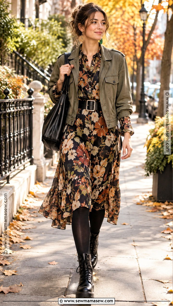 Printed Midi Dress And Combat Boots Outfit - 25 funky fall fashion ideas