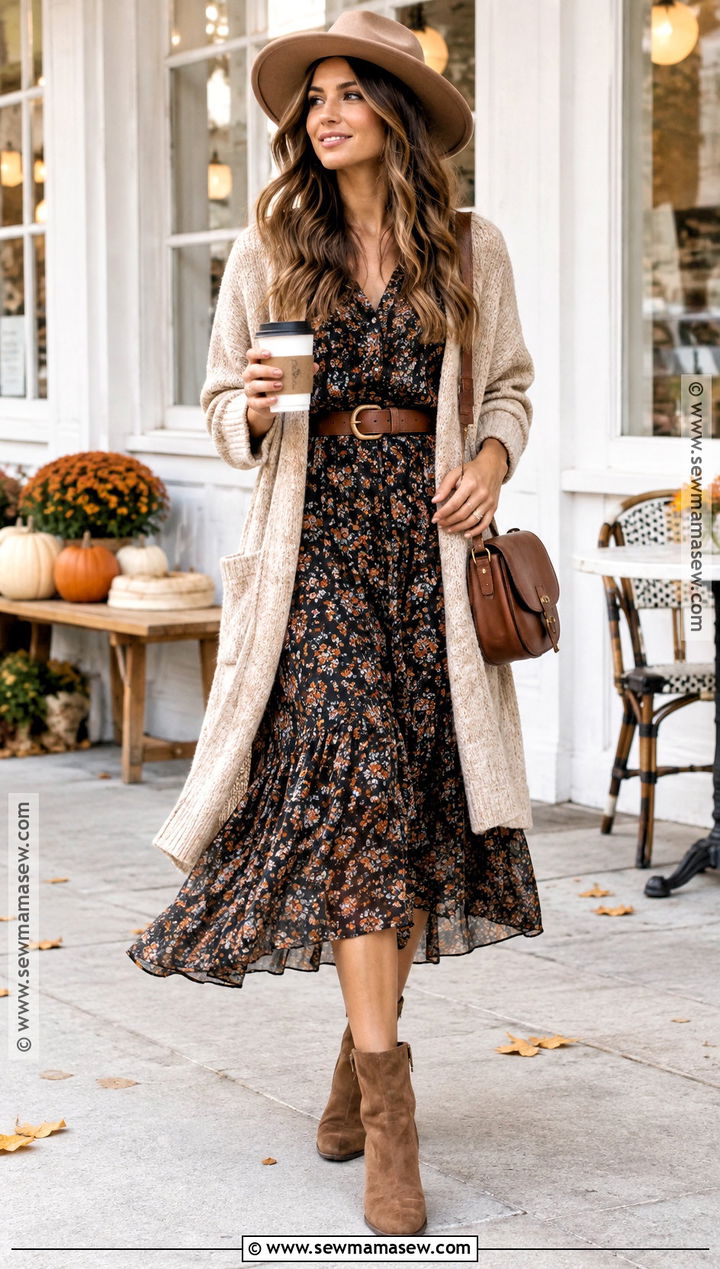 Printed Midi Dress And Long Cardigan Boho Fall Outfit - 25 boho fall outfits