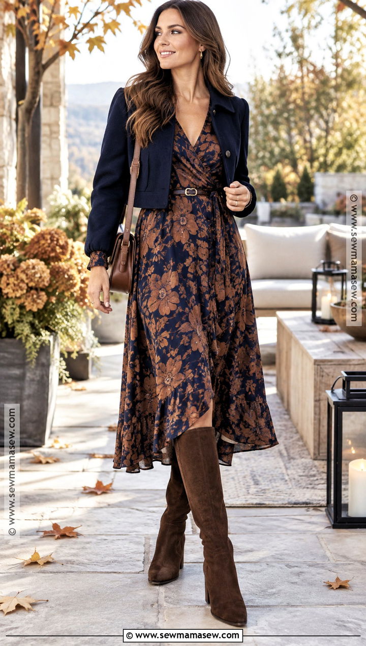 Printed Midi Dress And Suede Boots Afternoon Drinks Outfit - 15 afternoon drinks outfit autumn ideas