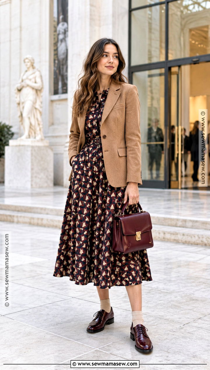 Printed Midi Dress With Oxford Shoes - 15 shoes to wear with midi dress fall