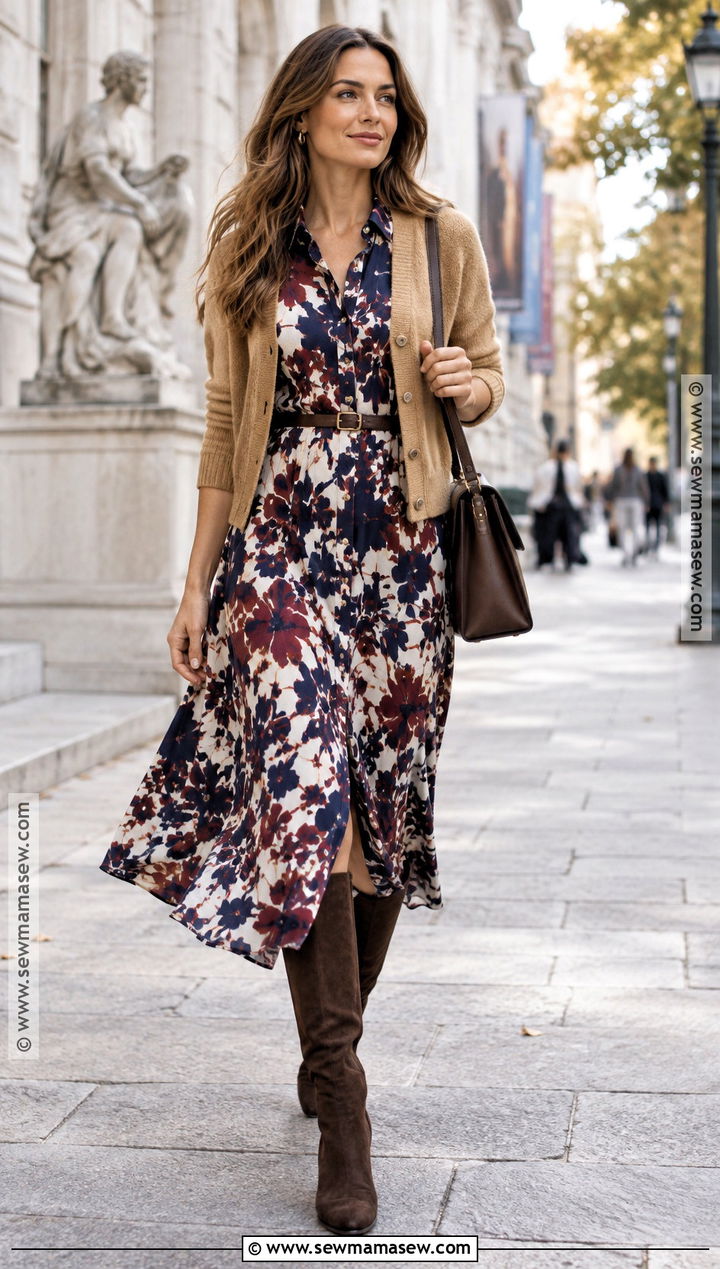 Printed Midi Dress With Tall Boots Autumn Outfit - 15 autumn fashion women over 25 ideas