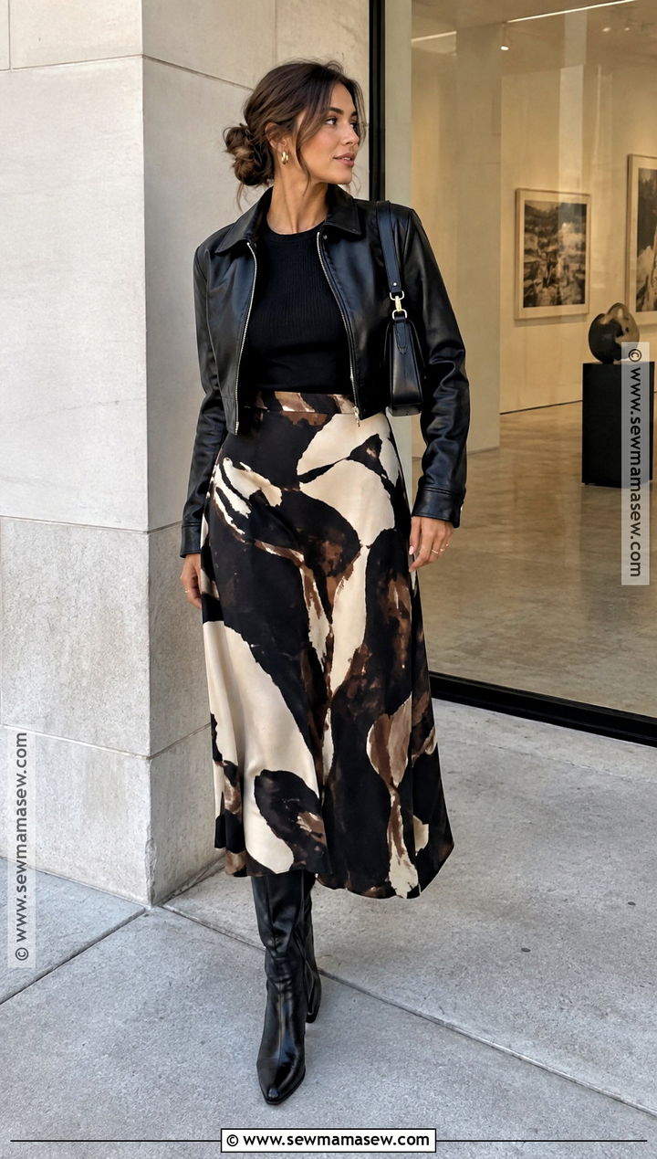Printed Midi Skirt With Leather Jacket And Boots - 20 midi skirt fall outfit ideas