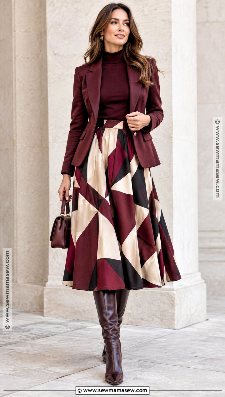 Printed Midi Skirt With Monochrome Layers - 20 Midi Skirt Fall Ideas