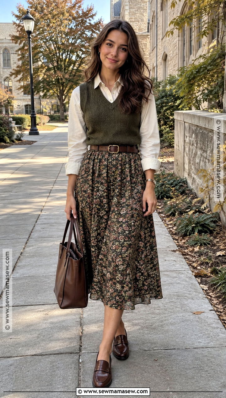Printed Midi Skirt With Sweater Vest And Loafers - 15 boho skirt outfit fall ideas