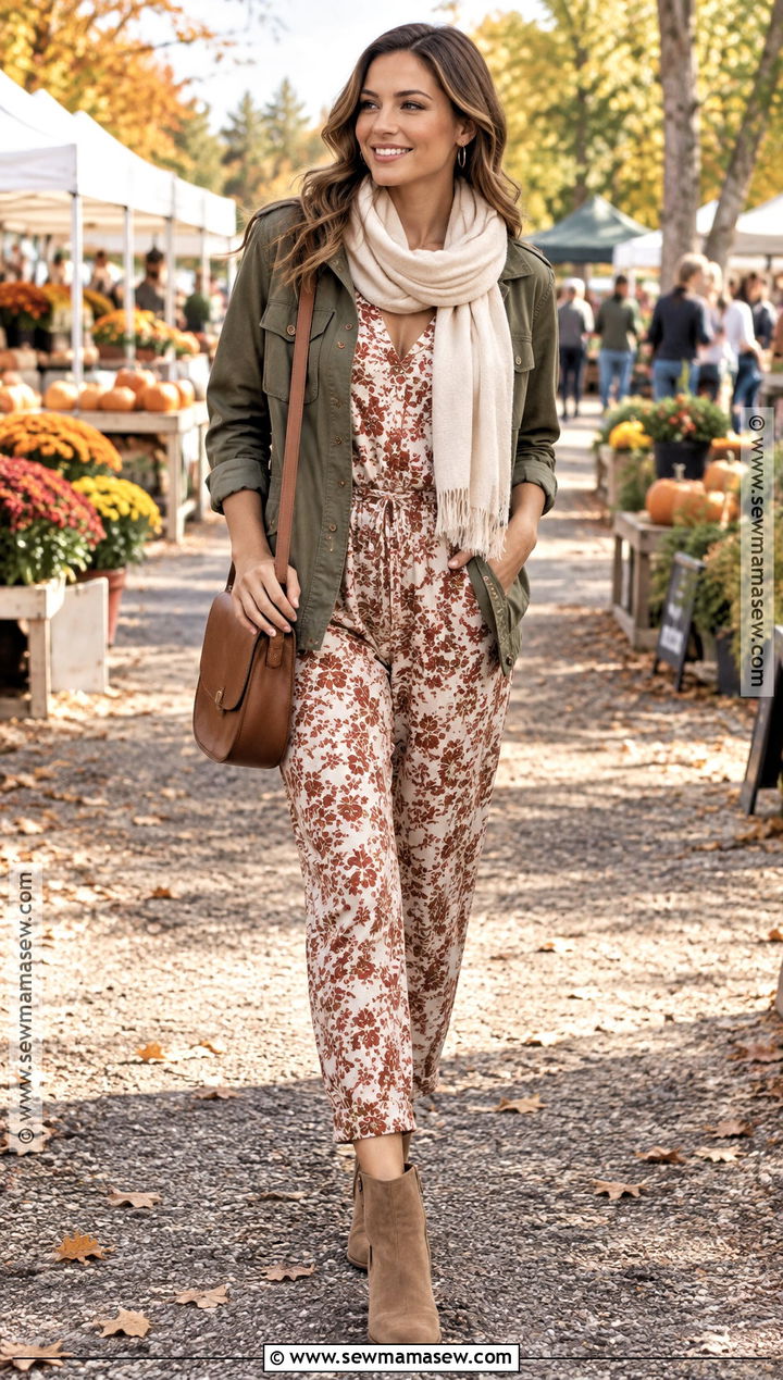 Printed Onesie With Utility Jacket and Neutral Boots - 15 onesie fall outfit ideas