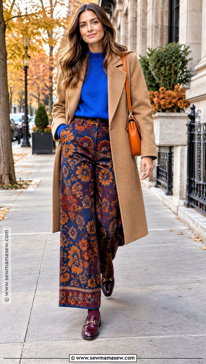 Printed Pants and Bright Blue Sweater Fall Outfit - 15 Colorful Fall Street Style Ideas