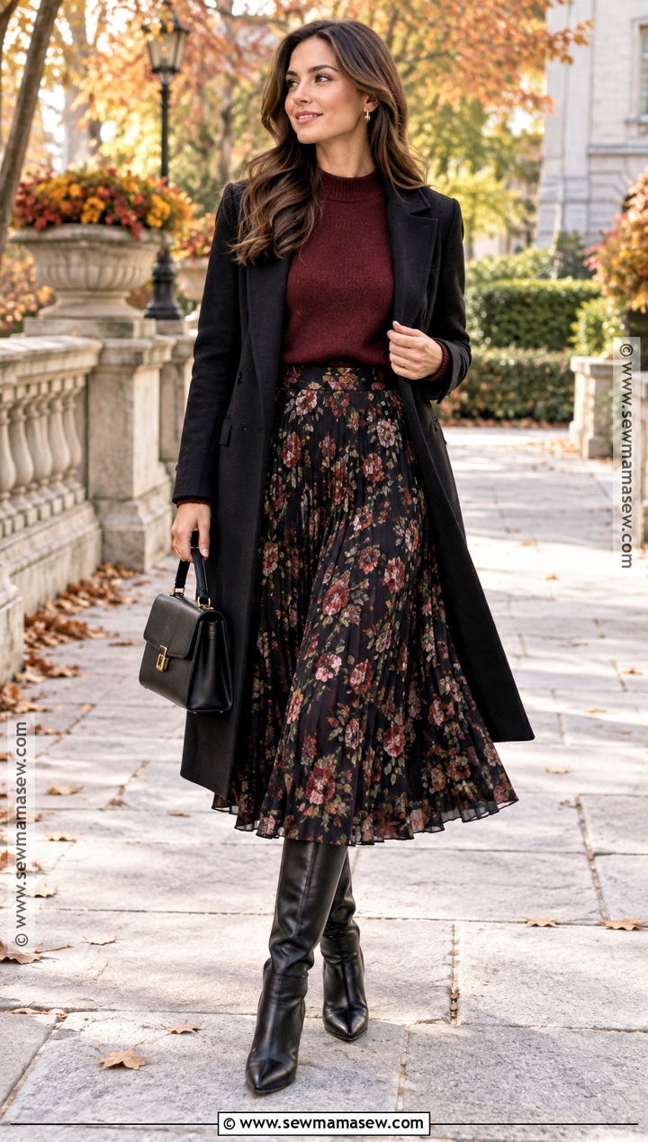 Printed Pleated Skirt With Solid Sweater And Tall Boots - 20 pleated skirt fall outfit ideas