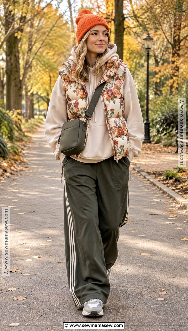 Printed Puffer Vest And Track Pants Outfit - 25 funky fall fashion ideas