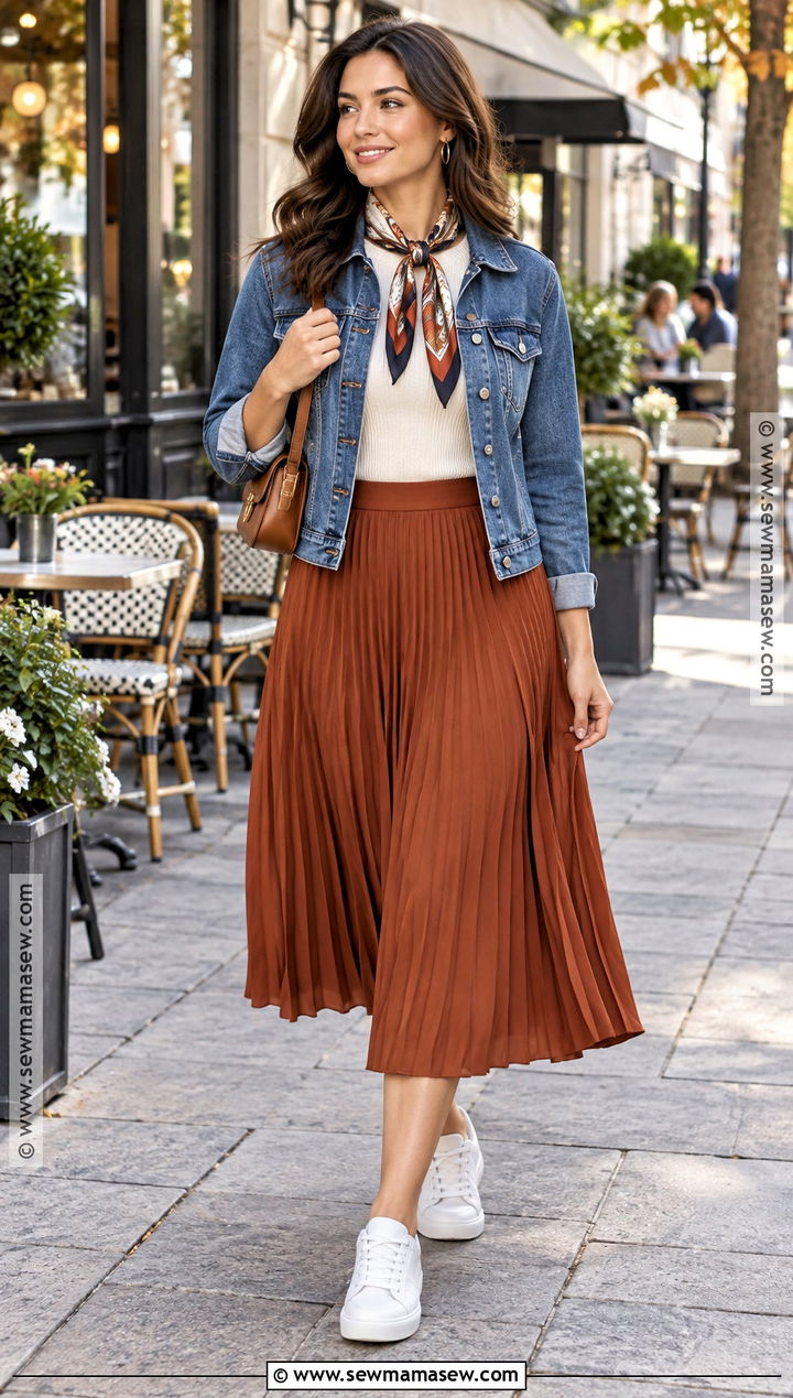 Printed Scarf With Denim Jacket And Midi Skirt - 15 Fall Outfit Ideas With Scarves