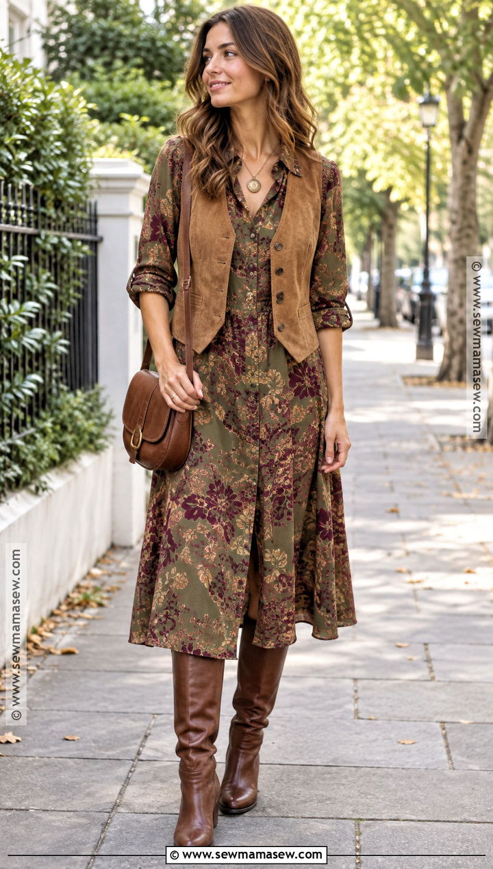 Printed Shirt Dress With Suede Vest - 15 Boho Fall Dress Ideas
