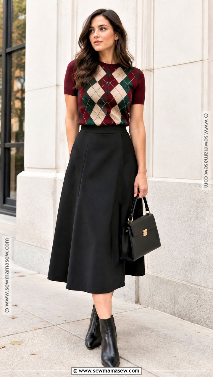 Printed Short Sleeve Sweater With Black Midi Skirt - 20 Short Sleeve Sweater Outfit Fall Ideas