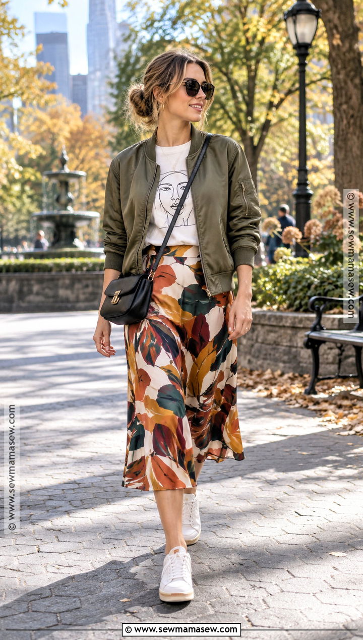 Printed Silk Skirt With Graphic Tee And Bomber Jacket - 20 silk skirt outfit fall ideas